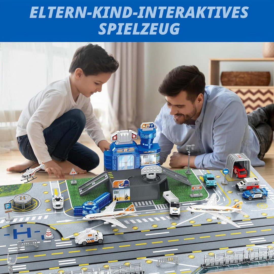 Flugzeug Spielzeug Set mit Lastwagen, Hubschrauber, Flugzeuge, Schilder und Flughafen-Spielmatte, in