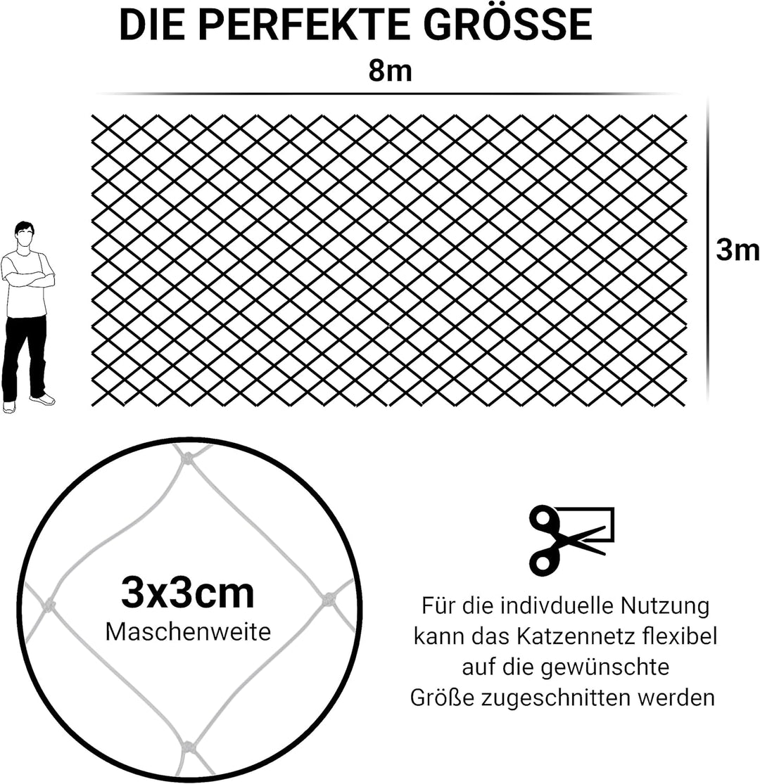 FinoPet Katzennetz für Balkon 8x3 Meter transparent mit Katzenbürste inklusive Befestigungsmaterial,