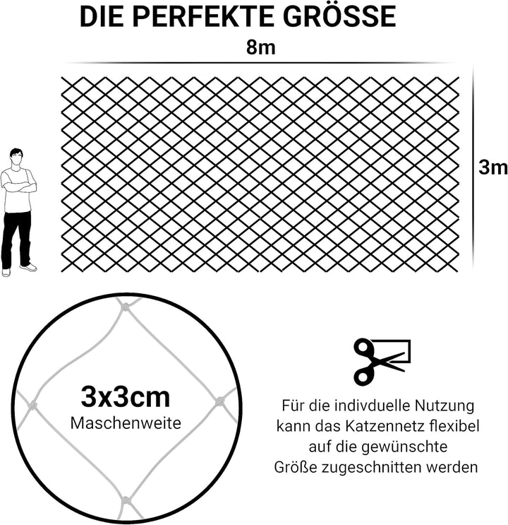 FinoPet Katzennetz für Balkon 8x3 Meter transparent mit Katzenbürste inklusive Befestigungsmaterial,