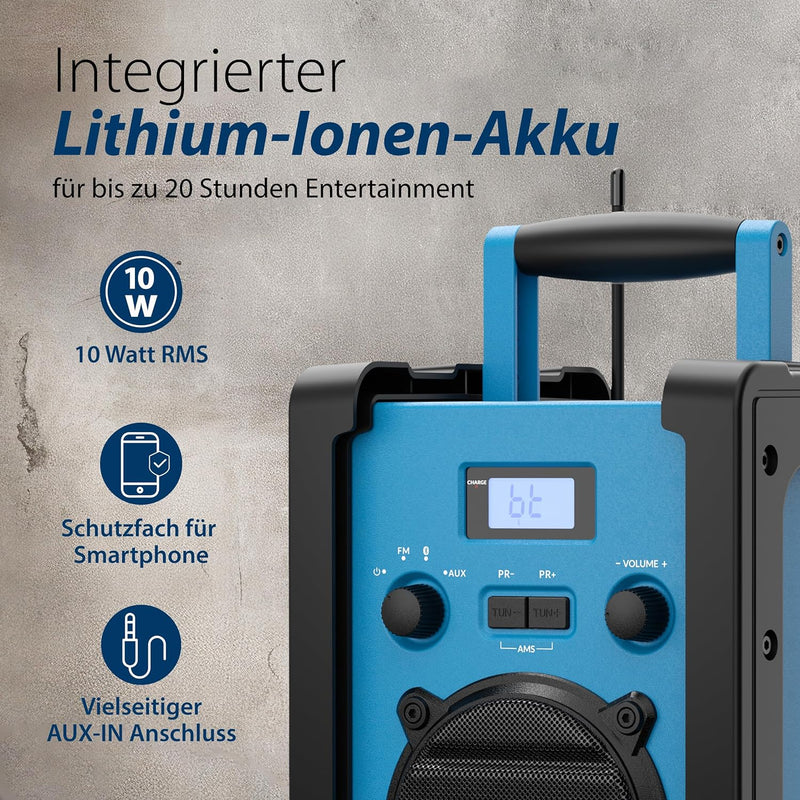 Blaupunkt BSR 30 Baustellenradio mit Akku – Tragbares Radio mit Bluetooth 5.3 robust (AUX-IN, 10 Wat