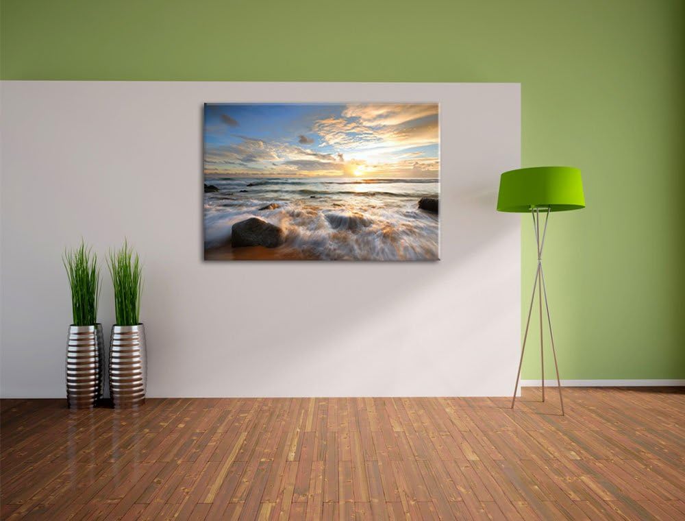 Sonnenuntergang am Meer, Format: 100x70 auf Leinwand, XXL riesige Bilder fertig gerahmt mit Keilrahm