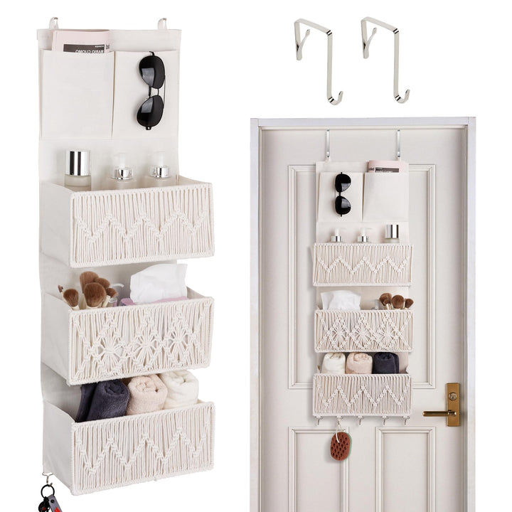 Hängeorganizer mit 3 Taschen, Boho Makramee Wand Organizer mit Haken, Hängende Aufbewahrung aus Baum