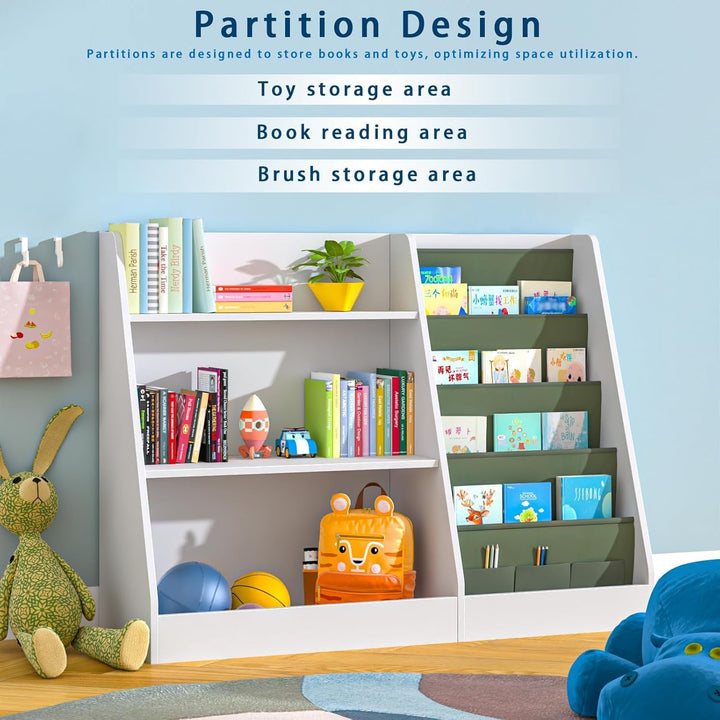 Kinderregal mit 4 Ablage und 3 offenen Fächern, Bücherregal für Kinder, Kinderzimmerregal, Bücherreg