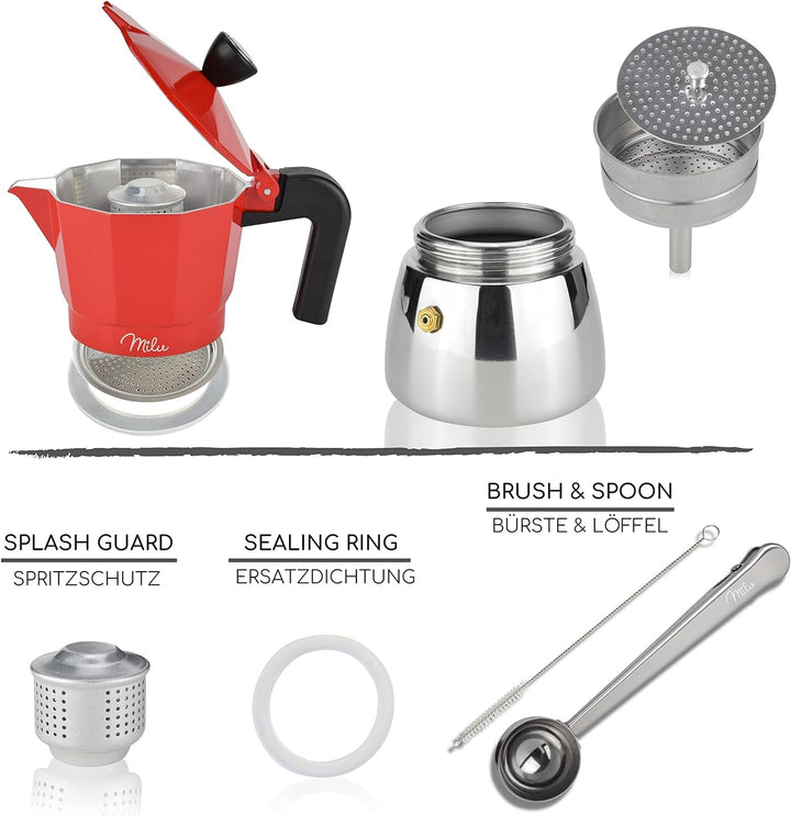 Milu Espressokocher Induktion geeignet | 3, 6, 9 Tassen | Aluminium Mokkakanne, Edelstahl Espressoka