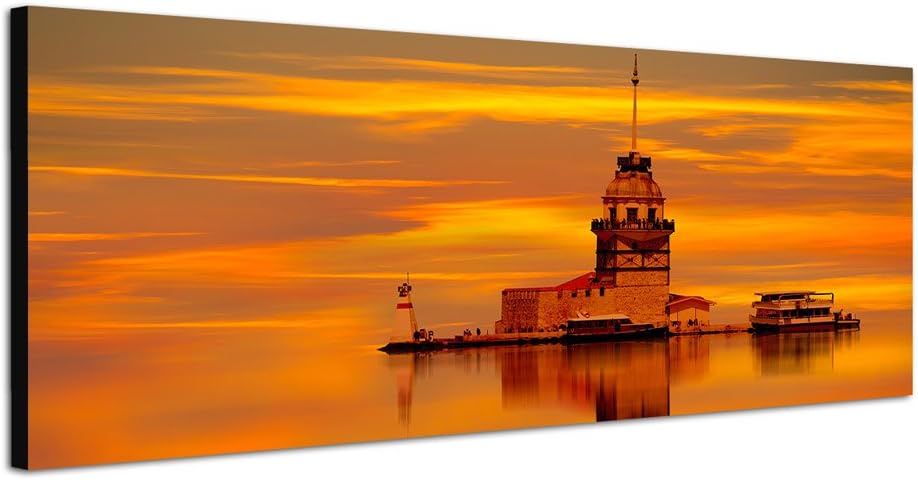 Paul Sinus Art Panoramabild auf Leinwand und Keilrahmen 150x50cm Istanbul Leuchtturm Sonnenuntergang