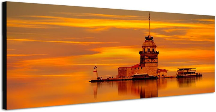Paul Sinus Art Panoramabild auf Leinwand und Keilrahmen 150x50cm Istanbul Leuchtturm Sonnenuntergang