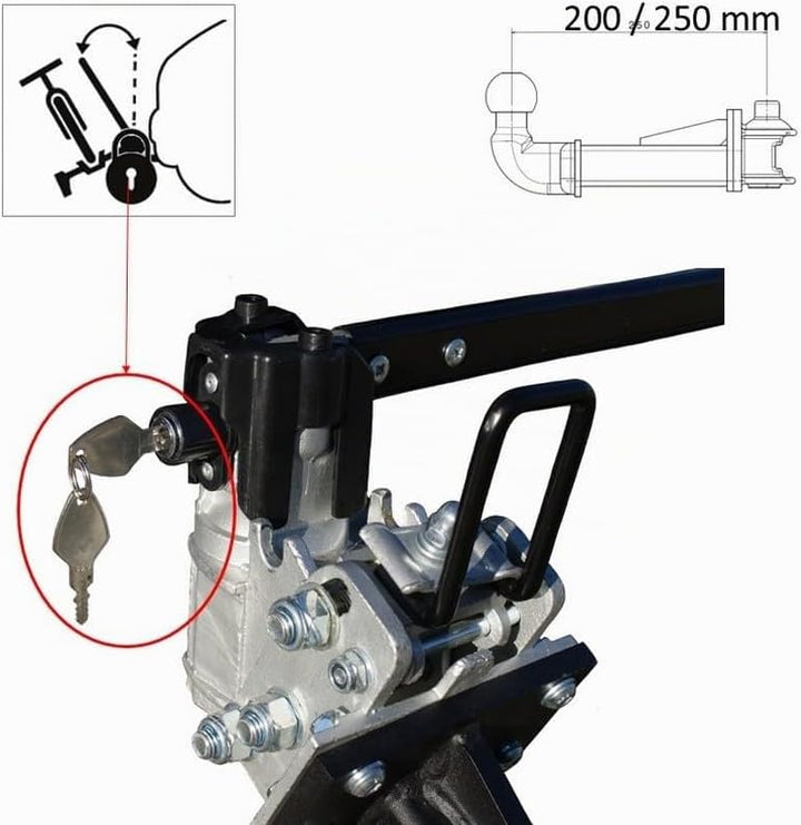 Abklappbare und abschliessbare Hakenverlängerung 250 mm für Fahrradträger inkl. Steckkupplung für je