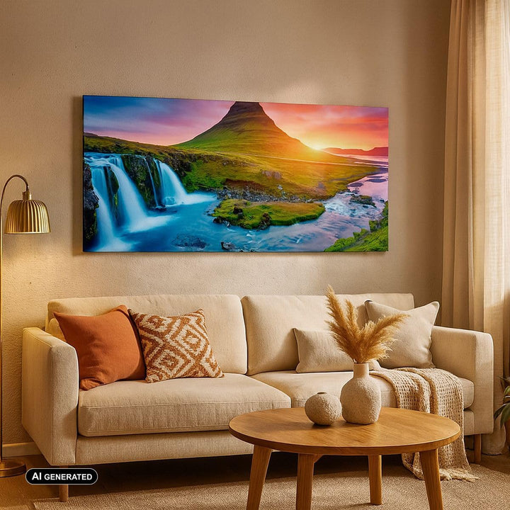 Wandbilder Dekoration Wohnzimmer Sonnenuntergang Wasserfall Island Vulkan Bilder auf Leinwand 120x50