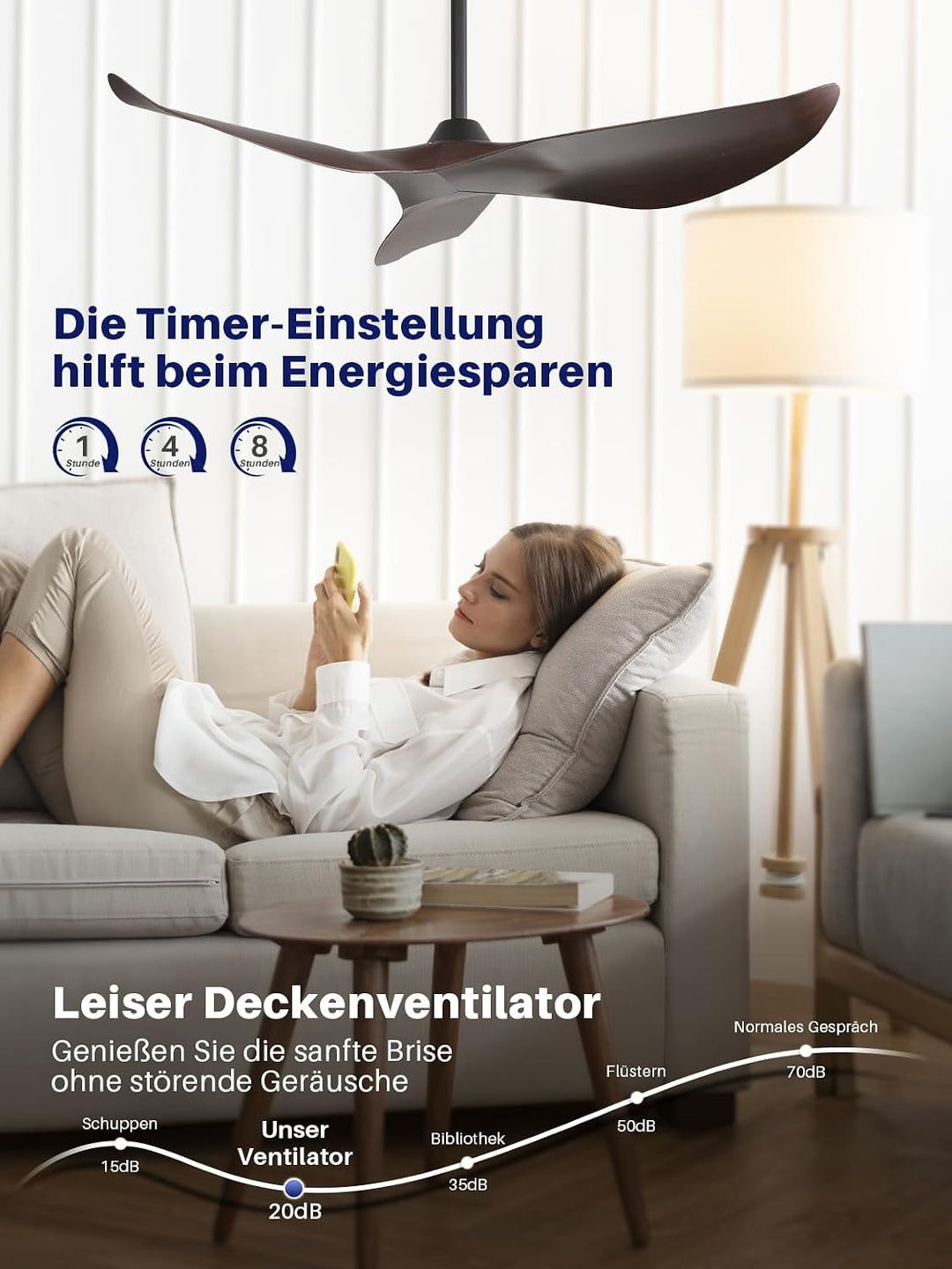 Sofucor Deckenventilator mit Fernbedienung,132cm Leise Deckenventilator ohne Licht, DC Motor, Timer,