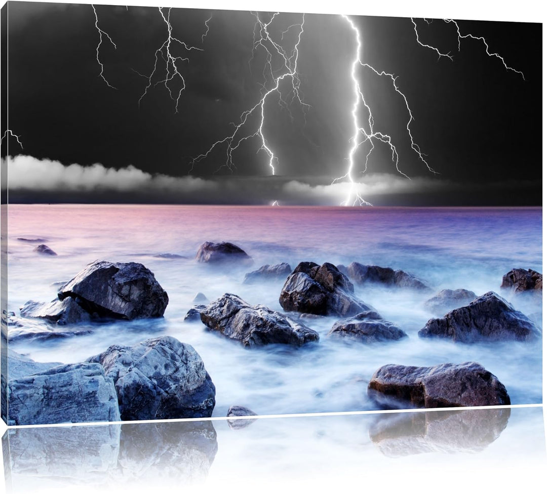 Blitze über dem Meer schwarz/weiss Format: 100x70 auf Leinwand, XXL riesige Bilder fertig gerahmt mi