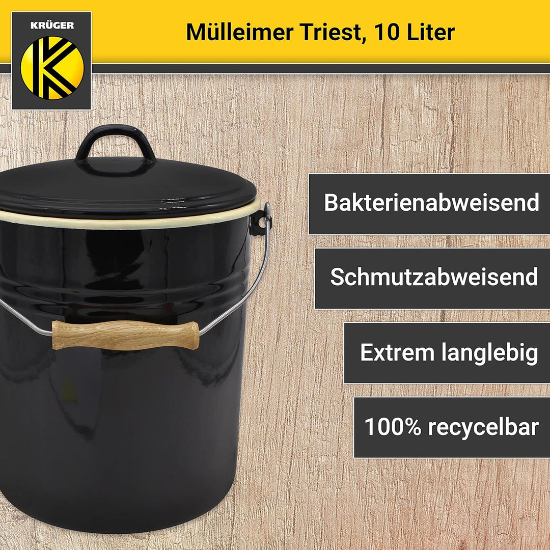 KRÜGER Mülleimer mit Deckel - Stahl Abfalleimer mit Emaille-Beschichtung und Holzgriff - schnitt- un