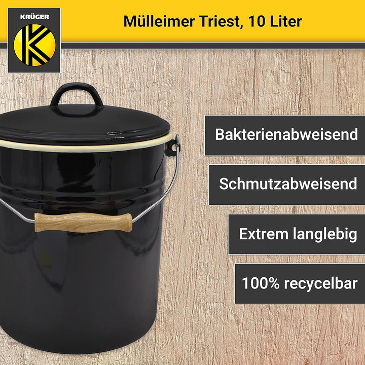 KRÜGER Mülleimer mit Deckel - Stahl Abfalleimer mit Emaille-Beschichtung und Holzgriff - schnitt- un
