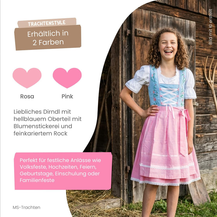 MS-Trachten Kinder Dirndl Kinderdirndl Trachtenkleid Elise rosa hellblau pastell 3 teilig 116 Dunkel