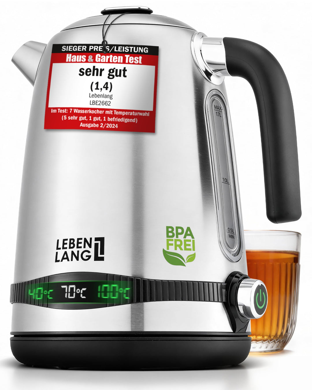LEBENLANG Wasserkocher Edelstahl Temperatureinstellung – Leise, Temperaturanzeige & Warmhaltefunktio