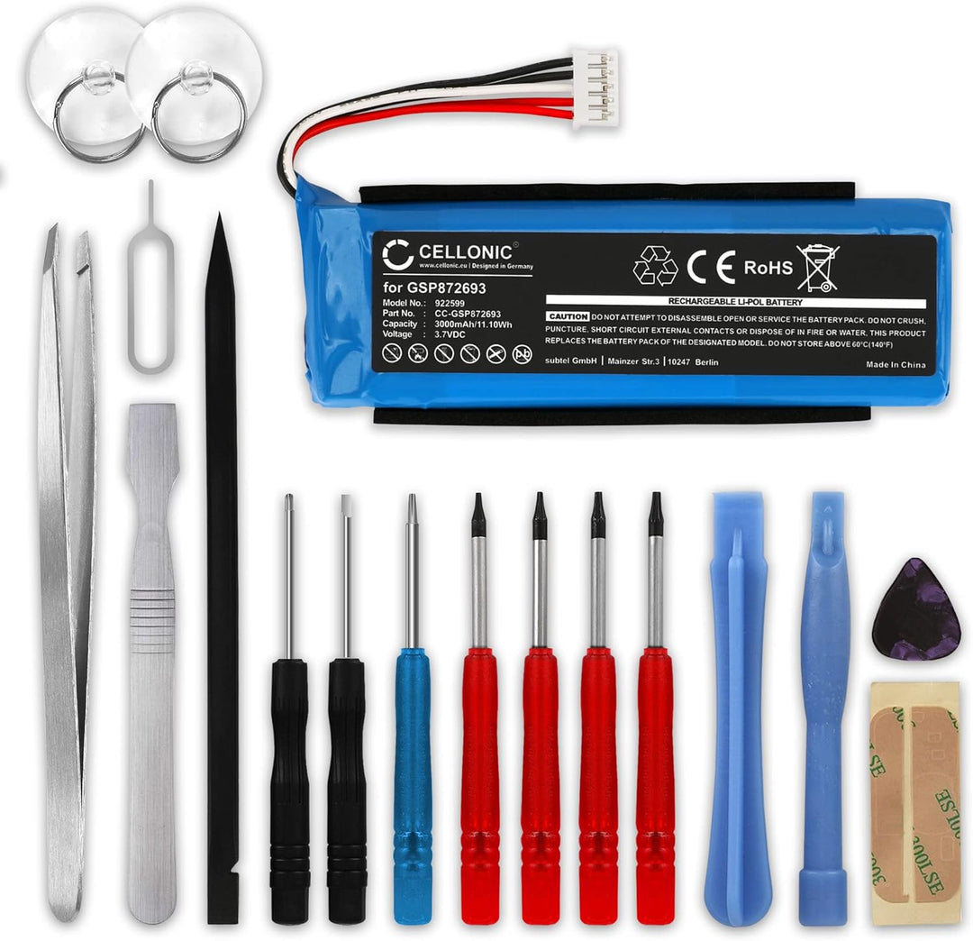 CELLONIC, Lautsprecherakku kompatibel mit JBL Flip 3 (3000mAh, 3.7V) 1x + Werkzeug-Set Ersatzakku GS