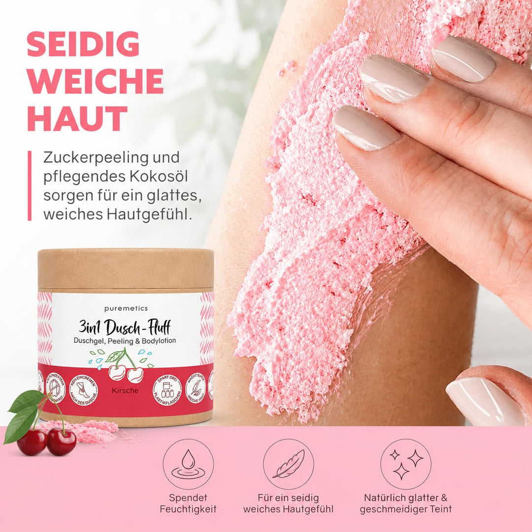 puremetics 3in1 Dusch-Fluff Kirsche, Duschgel, Peeling &amp; Bodylotion, 250 g Limited Edition