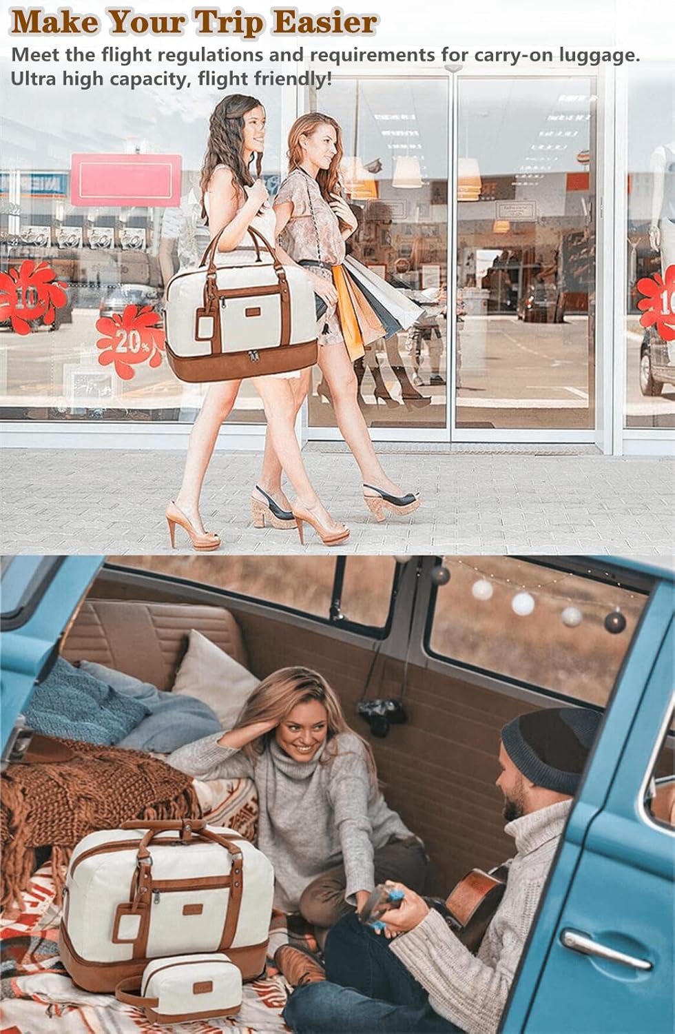 Wogarl Weekender Taschen für Damen, grosse Segeltuch-Übernachtungstasche, Reisetasche, Handgepäck, S