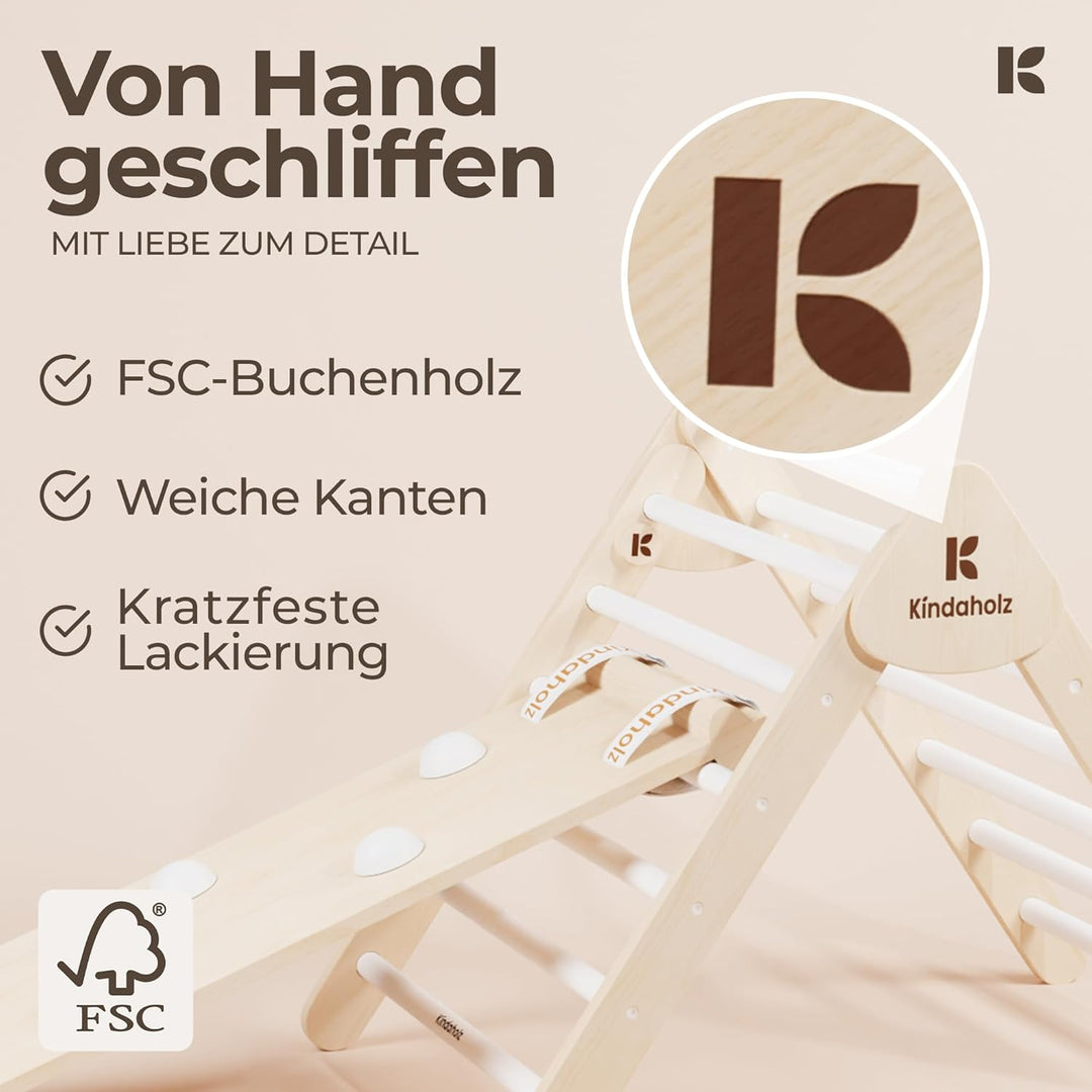 KINDAHOLZ 5in1 Klettergerüst Indoor-Spielplatz Set – Pikler-Kletterdreieck + Kletterbogen + 2-in-1-R