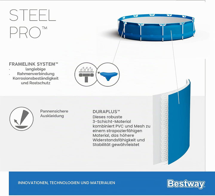 Bestway Steel Pro Frame Pool Set, rund, mit Filterpumpe 366 x 76 cm, 56681, Blau, Ø 366 x 76 cm