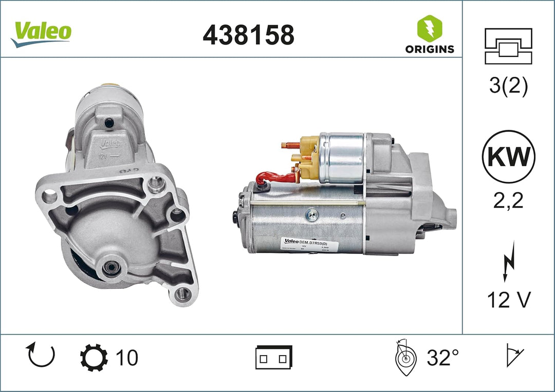 VALEO 438158 Starter Nennleistung: 2,2 kW Stop & Start: NO Zähnezahl: 10 zähne Spannung: 12 V Drehri
