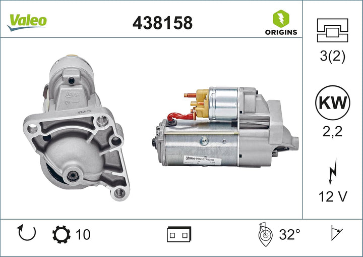 VALEO 438158 Starter Nennleistung: 2,2 kW Stop & Start: NO Zähnezahl: 10 zähne Spannung: 12 V Drehri