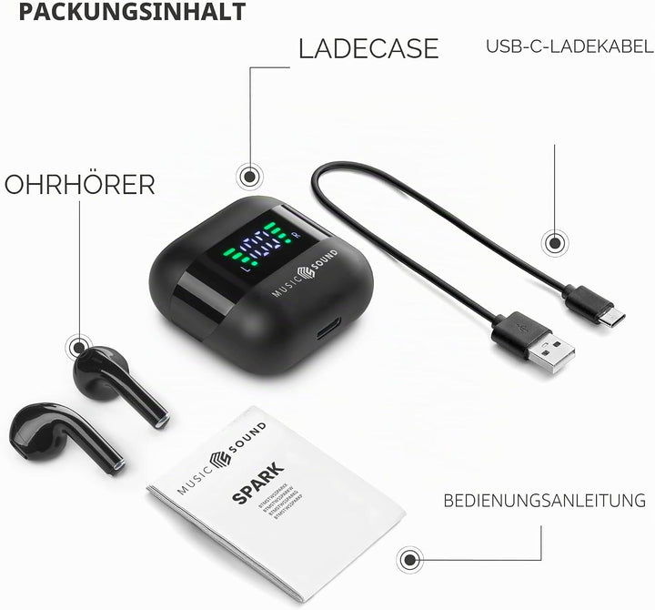 Music Sound, Spark TWS Kopfhörer, Bluetooth, Wireless, LED-Display, 30 Stunden Wiedergabe, automatis