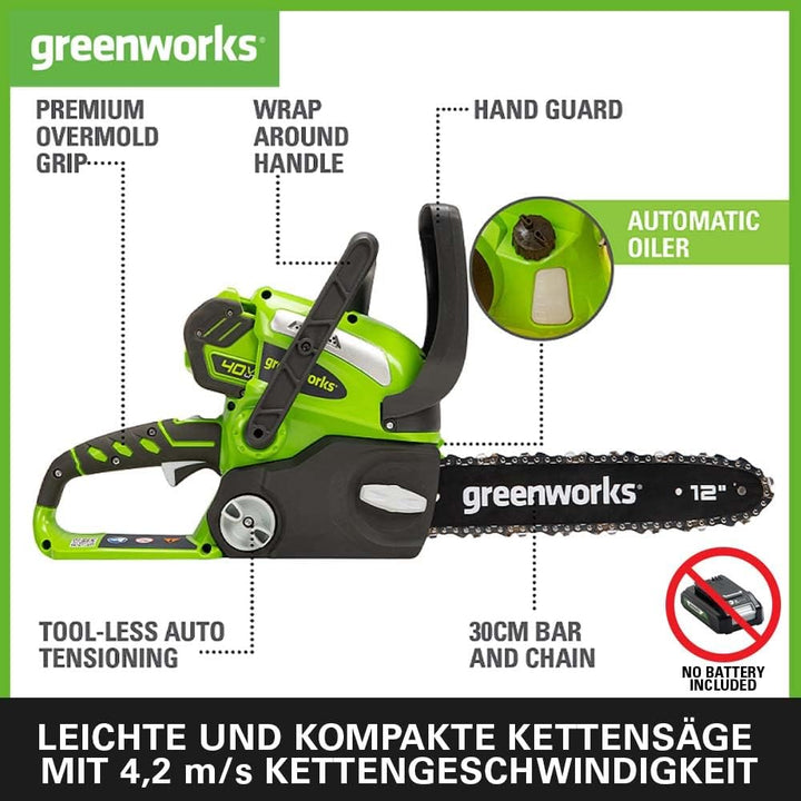 Greenworks G40CS30 Akku Kettensäge, 30 cm Blattlänge, 4,2 m/s Kettengeschwindigkeit, 3,7 kg, automat