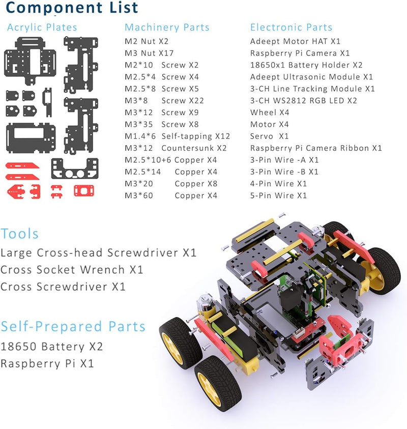 Adeept AWR 4WD WiFi Smart Robot Car Kit for Raspberry Pi 4/3 Model B+/B/2B, DIY Robot Kit for Kids a