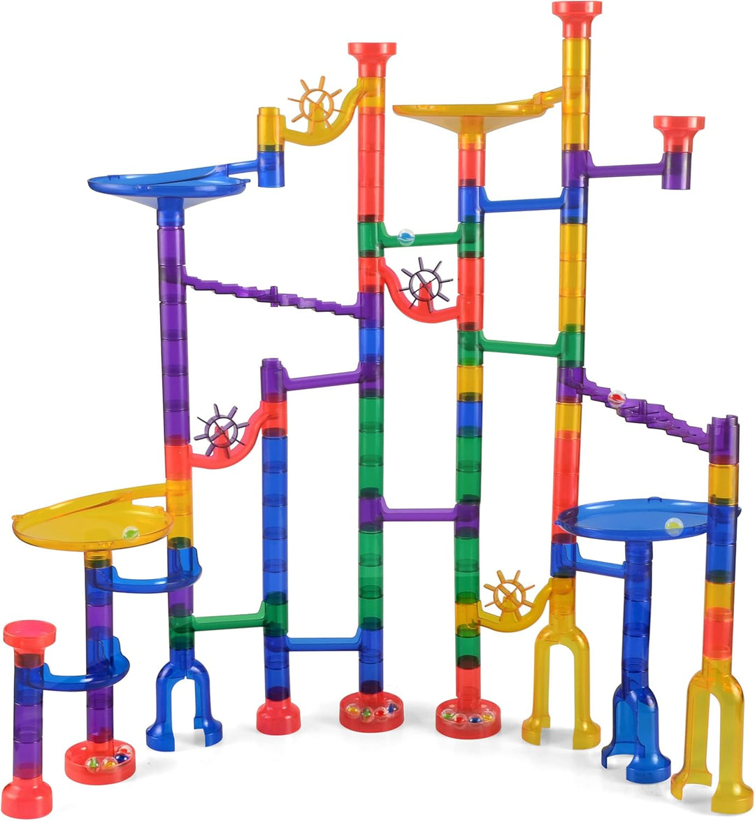 JOYIN 150 Stück Mehrfarbige Murmelbahn Marble Run Set mit 100 Bahnelementen und 50 Glasmurmeln, Kuge