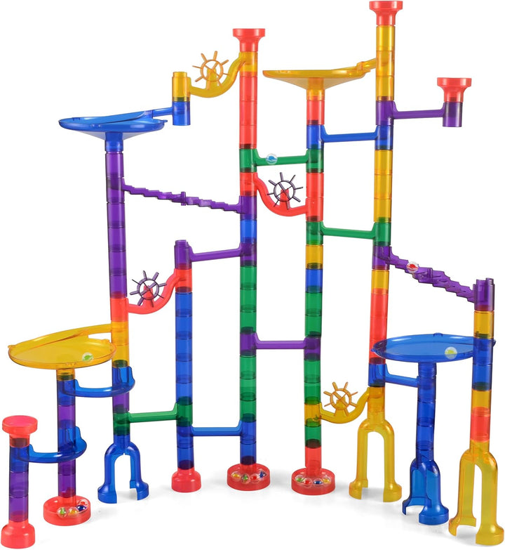 JOYIN 150 Stück Mehrfarbige Murmelbahn Marble Run Set mit 100 Bahnelementen und 50 Glasmurmeln, Kuge