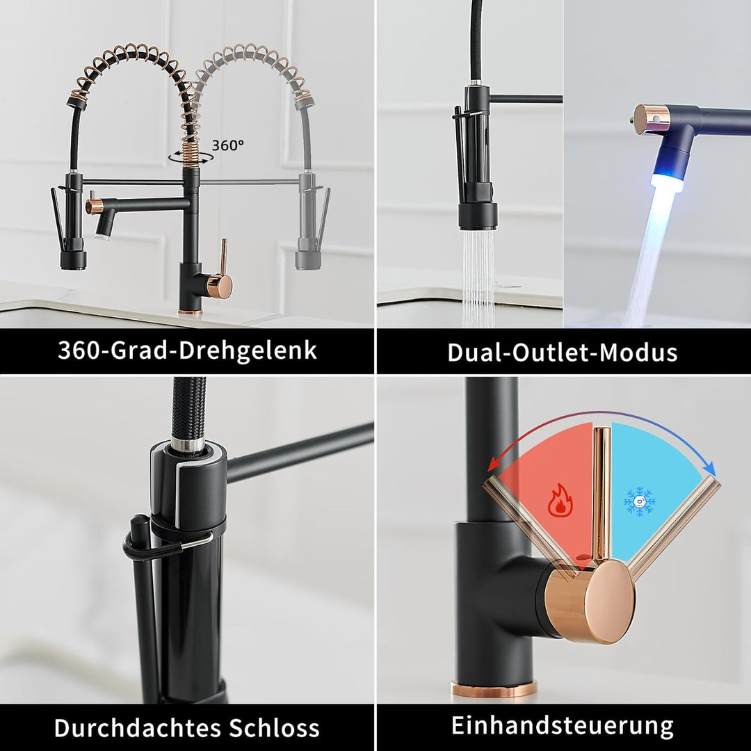 AIMADI LED Wasserhahn Küche Küchenarmatur 360° Schwenkbar mit Spiralfeder Herunterziehen Brause Arma