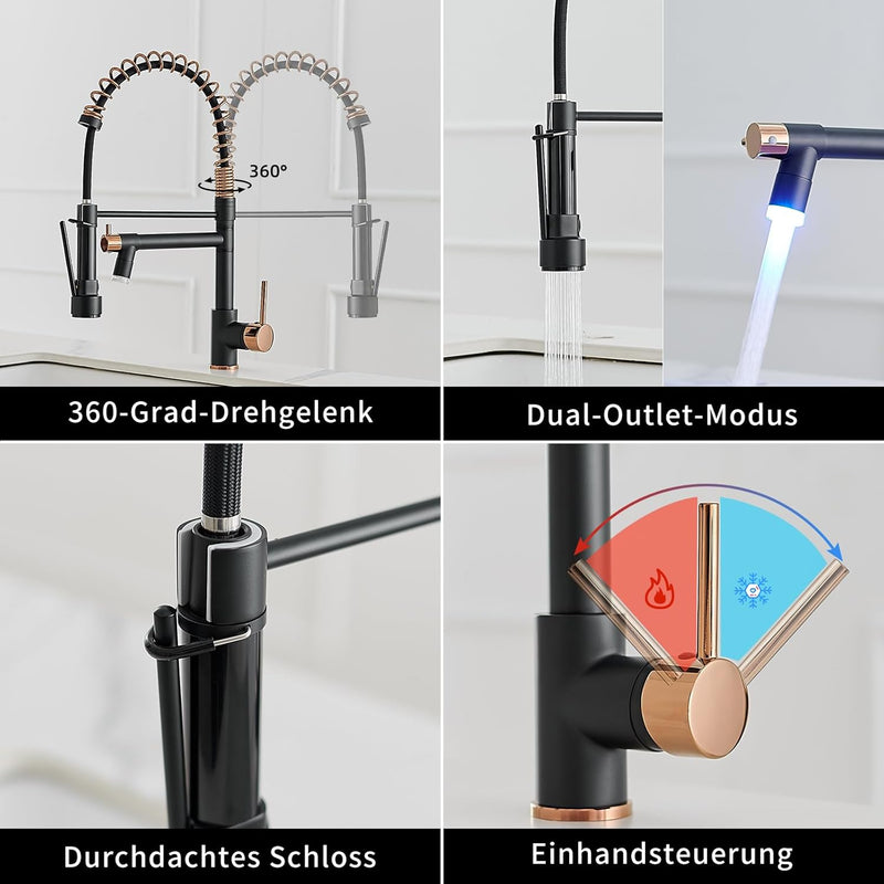 AIMADI LED Wasserhahn Küche Küchenarmatur 360° Schwenkbar mit Spiralfeder Herunterziehen Brause Arma