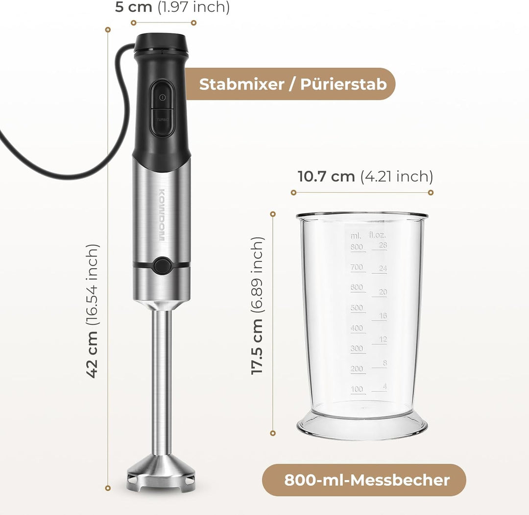 Stabmixer Set, Edelstahl Pürierstab für Suppen, Babybrei & Sossen | 12 Geschwindigkeitsstufen + Turb