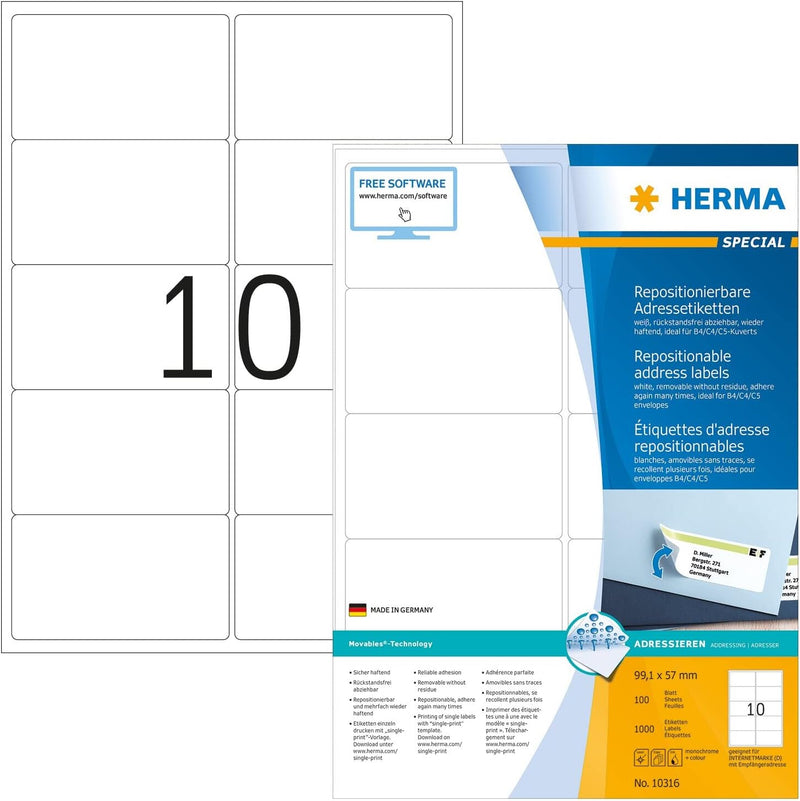 HERMA 10316 Universal Etiketten ablösbar, 100 Blatt, 99,1 x 57 mm, 10 Stück pro A4 Bogen, 1000 Aufkl