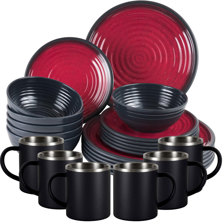 Melamin Geschirr Set Rot Schwarz mit Edelstahl Thermo Tassen doppelwandig - Tonoptik Essgeschirr - C