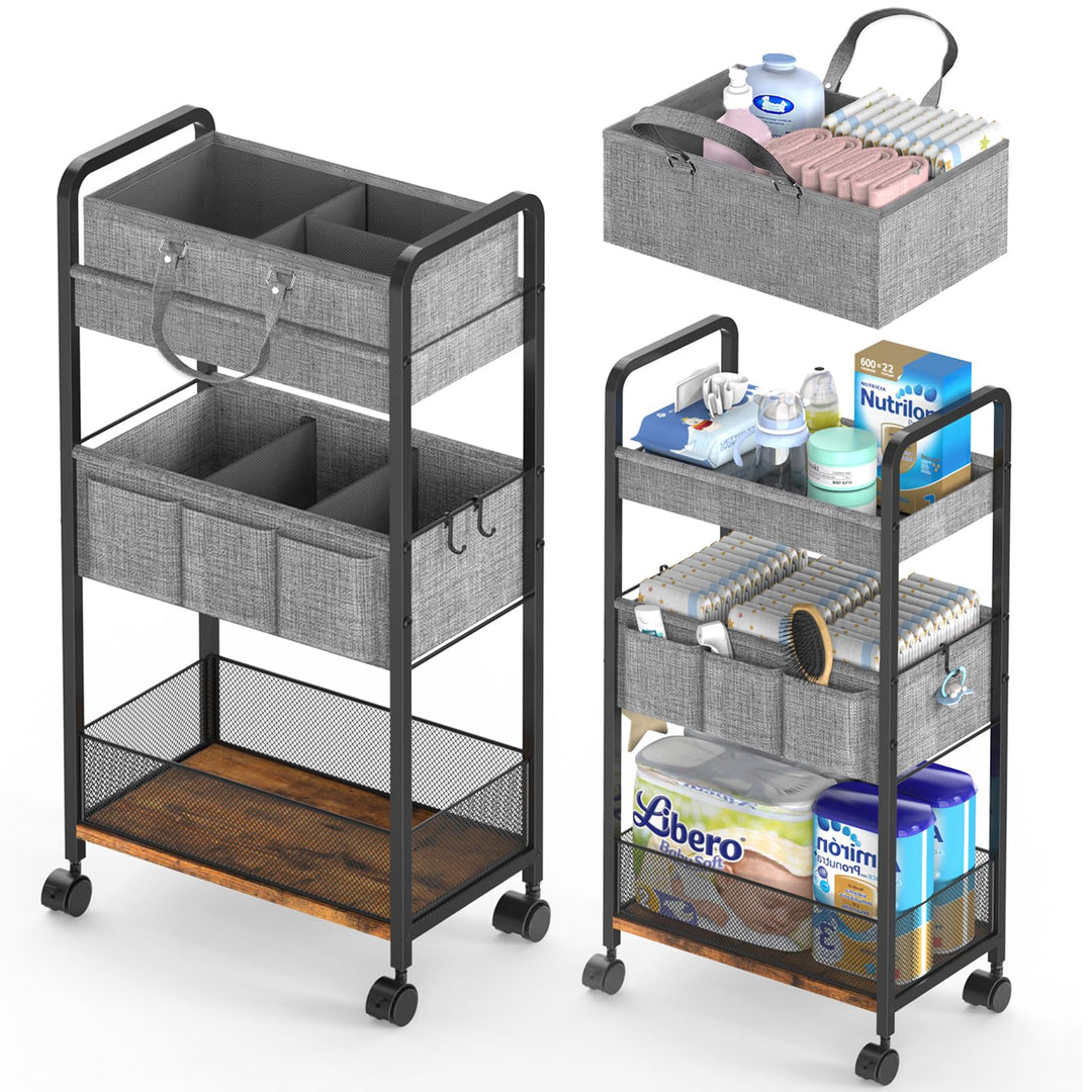 LIDTOP 2-in-1-Baby-Wickeltasche &amp; 3-stöckiger Roll-Wagen, Windel-Caddy Organizer mit Trennwänden, mo