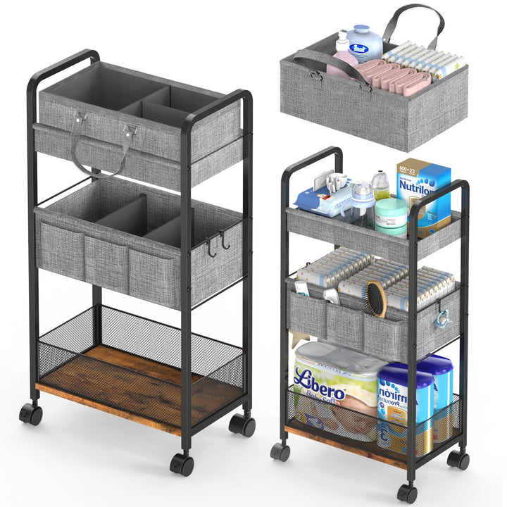 LIDTOP 2-in-1-Baby-Wickeltasche &amp; 3-stöckiger Roll-Wagen, Windel-Caddy Organizer mit Trennwänden, mo