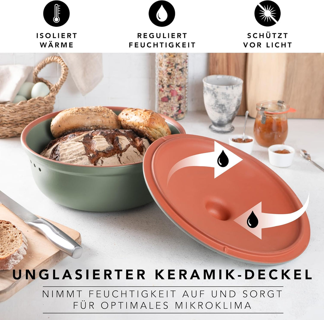 Romertopf Brottopf Rund Ø 30cm - Brotkasten Grün aus Keramik - Atmungsaktiver Tontopf für langanhalt