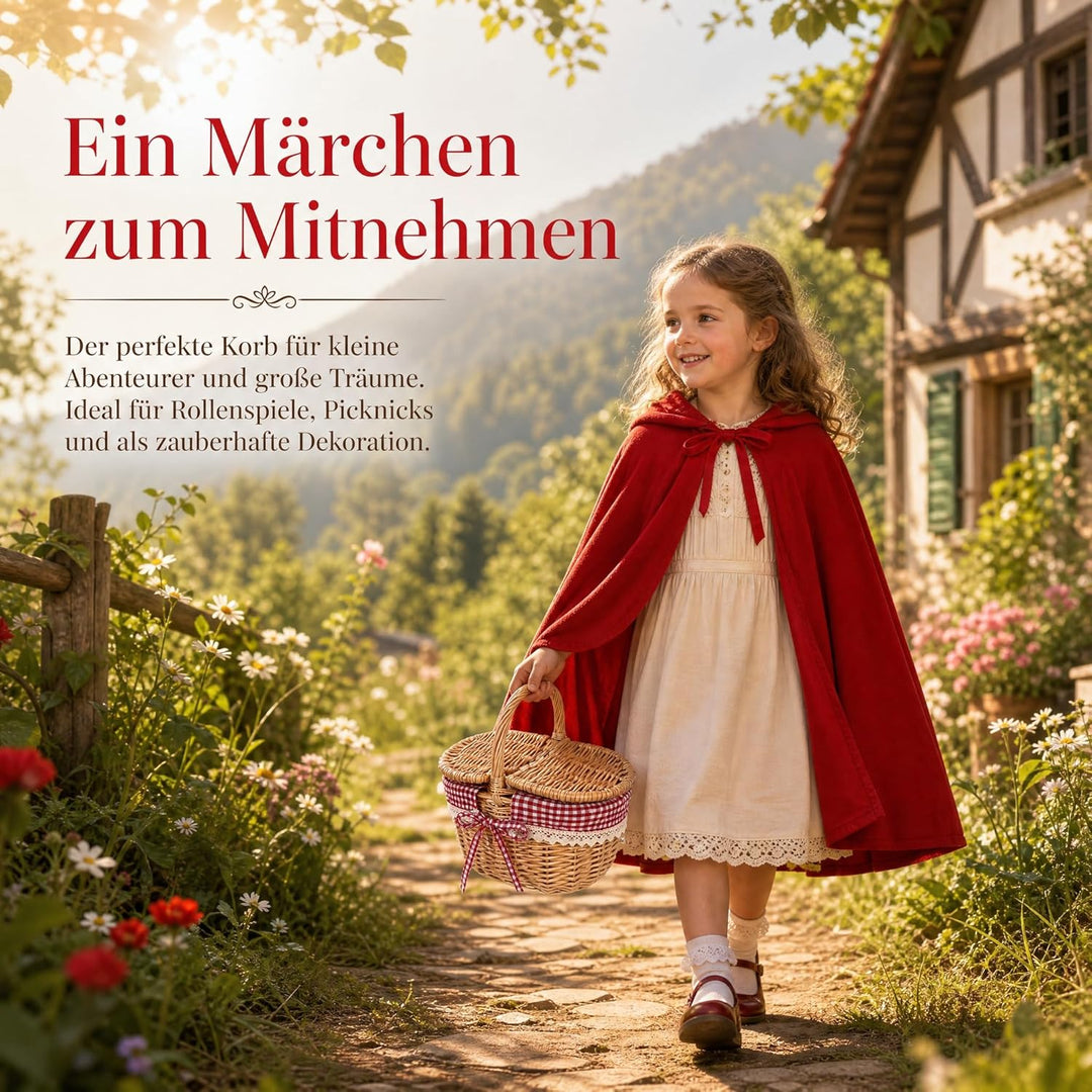 iplusmile Kleiner Weidenkorb mit Deckel und Henkel Geflochten Ovaler Picknickkorb Kinder Rotkäppchen