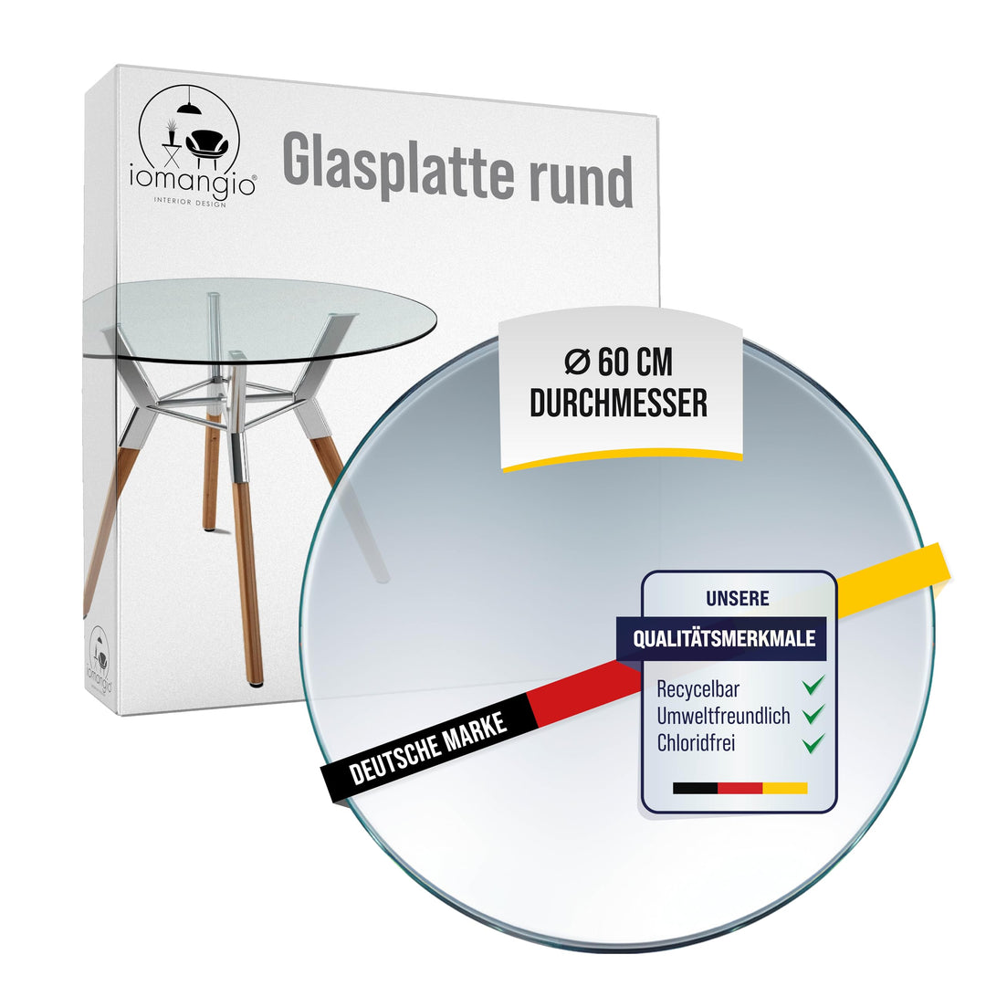 iomangio® Glasplatte Rund Ø 60cm Durchmesser Transparent - Glasscheibe aus gehärtetem ESG Glas 8mm D
