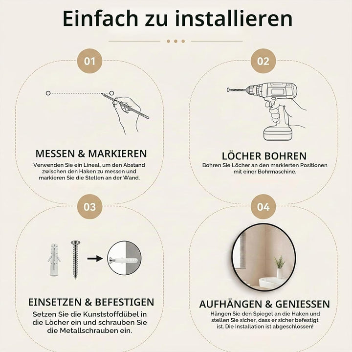 moderntop 50 cm runder Badezimmerm Spiegel mit schwarzem Aluminiumrahmen,Wandmontierter Spiegel,HD-G