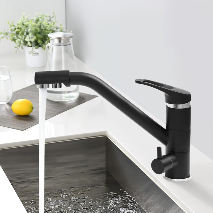 3 Wege Wasserhahn Küche Trinkwasserhahn 360° Drehbar Küchenarmatur 3 in 1 Mischbatterie für Wasserfi