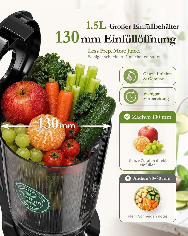 Entsafter BPA-frei Tritan, Slow Juicer für Gemüse und Obst Testsieger, 130 mm Einfüllöffnung, 1,5 L