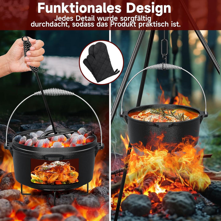 HOMELUX 10-teilig Dutch Oven Set in Holzkiste mit 4,5L Dutch Oven Topf &amp; 3,6L Saucier – Inkl. Grillp
