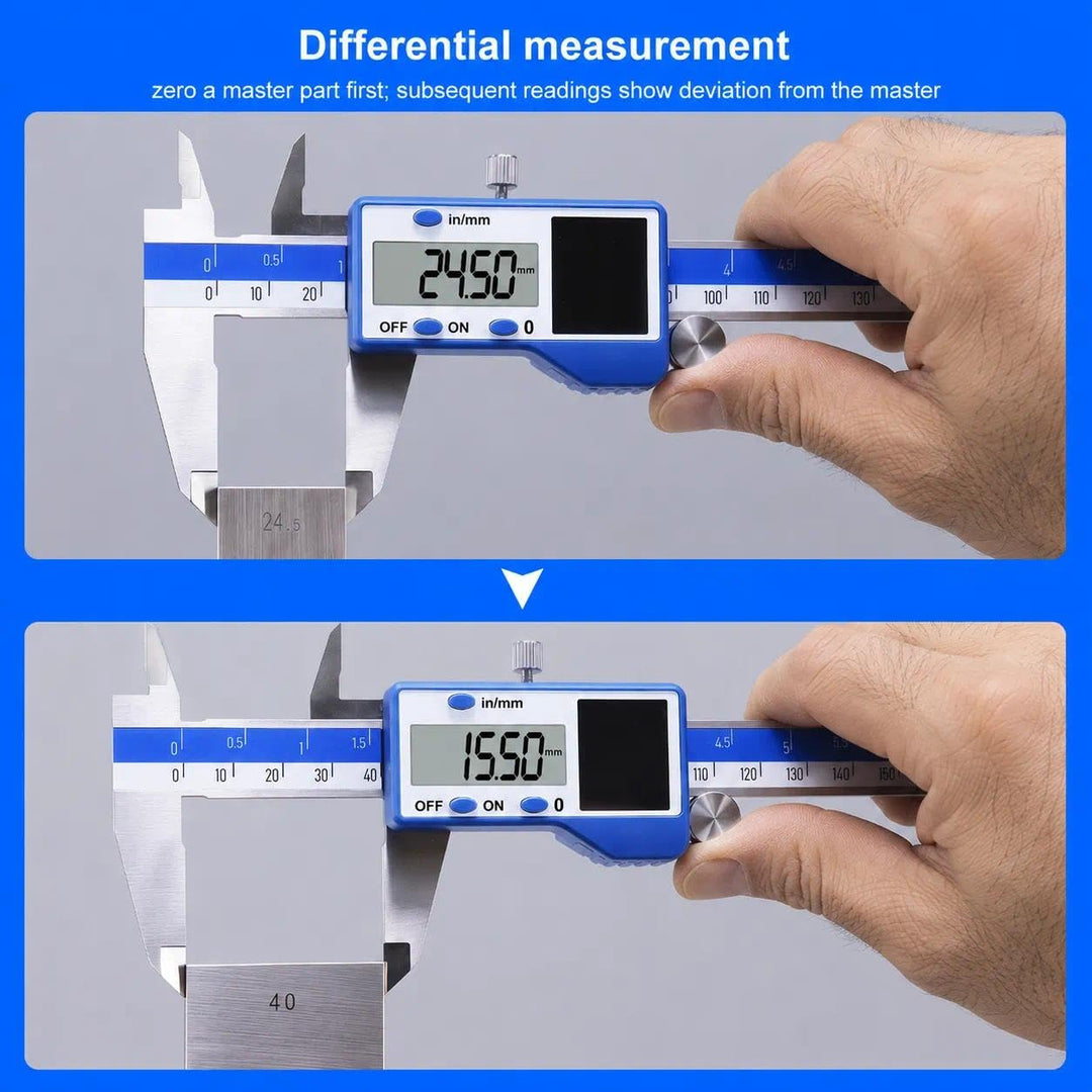 solar-powered electronic vernier calipers, with dual IN/MM scale display, one-second reading, and pr