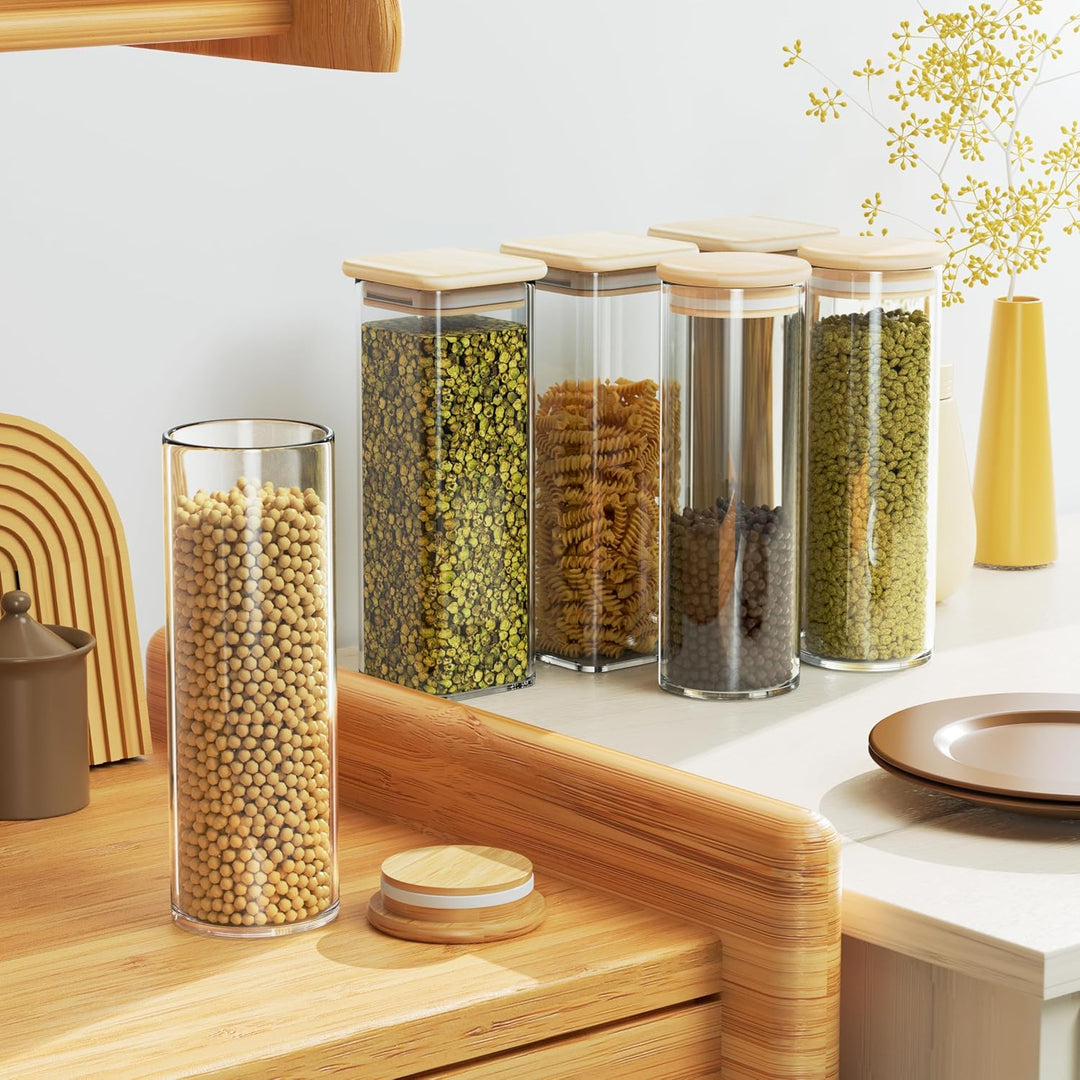 FINEW Gewürzgläser Set Eckig-12 x 500ml, Hochwertig Gewürzdosen Glasbehälter mit Bambusdeckel Stapel