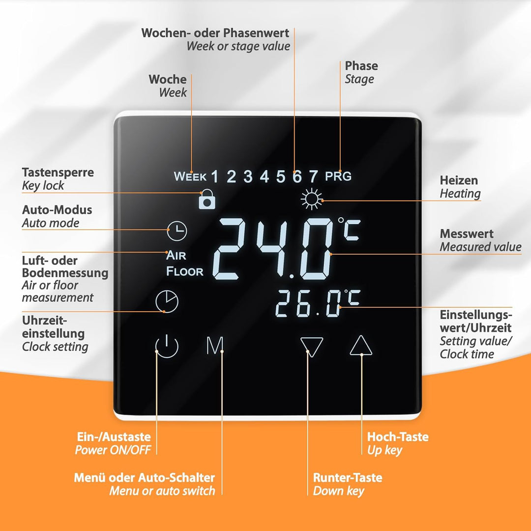 Modernes und elegantes Touchscreen Thermostat mit Programmiermöglichkeiten und inklusive Bodenfühler