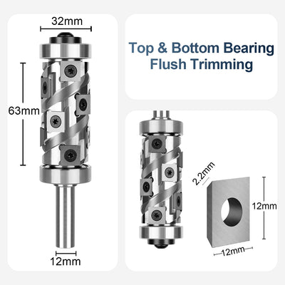 SpeTool Bündigfräser Fräser 12mm Schaft mit 12 Hartmetalleinsätze VHM Wendeplatten Spiralfräser Kopi