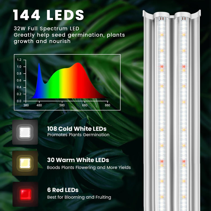 wolezek Pflanzenlampe LED Vollspektrum, 144 LED 60cm T5 Grow Light mit Ständer, Weisse Wachstumslamp