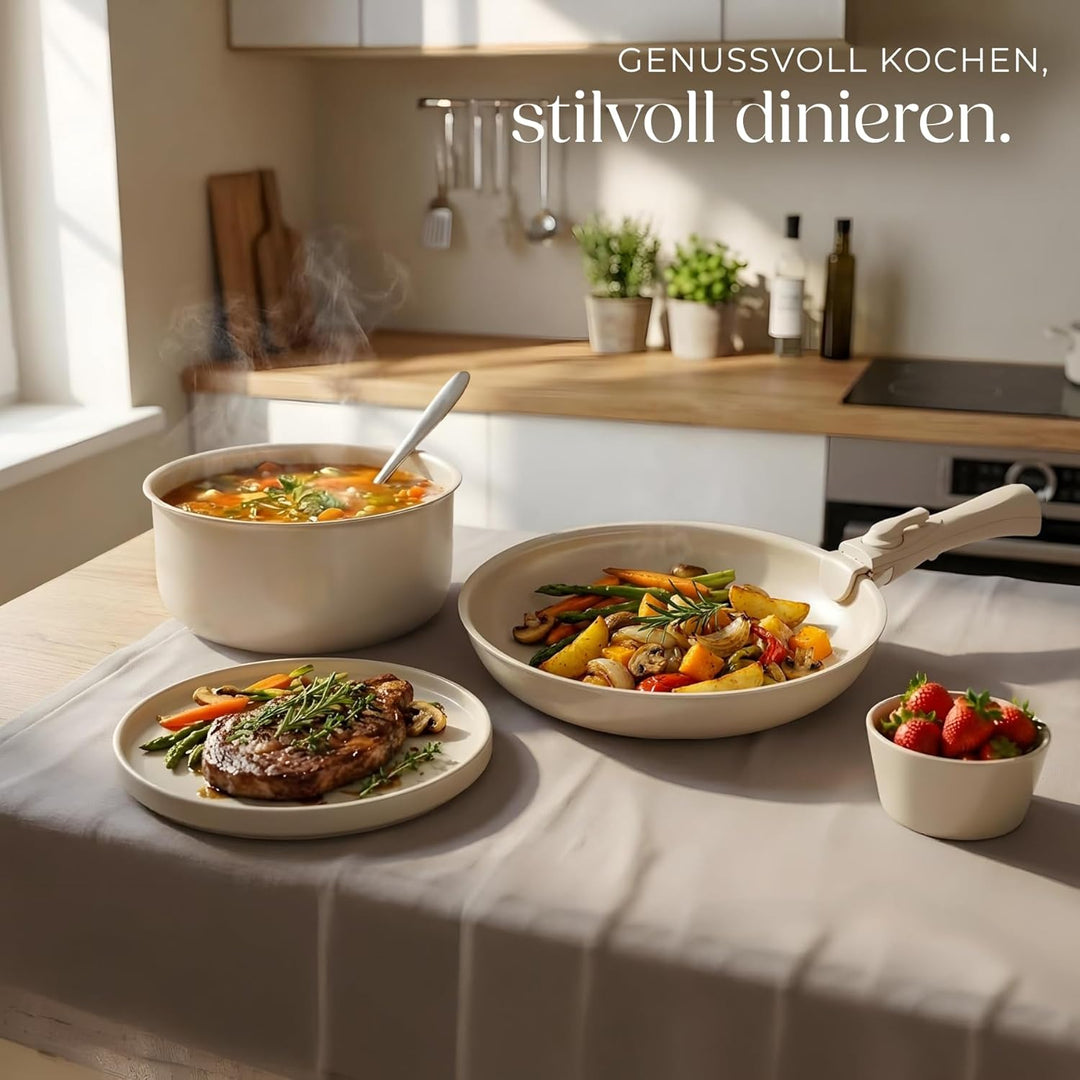 tectake® Küchenstarterset 6 Personen, Steingut Geschirr Set, Teller, 3 Pfannen, 2 Töpfe, rostfreies